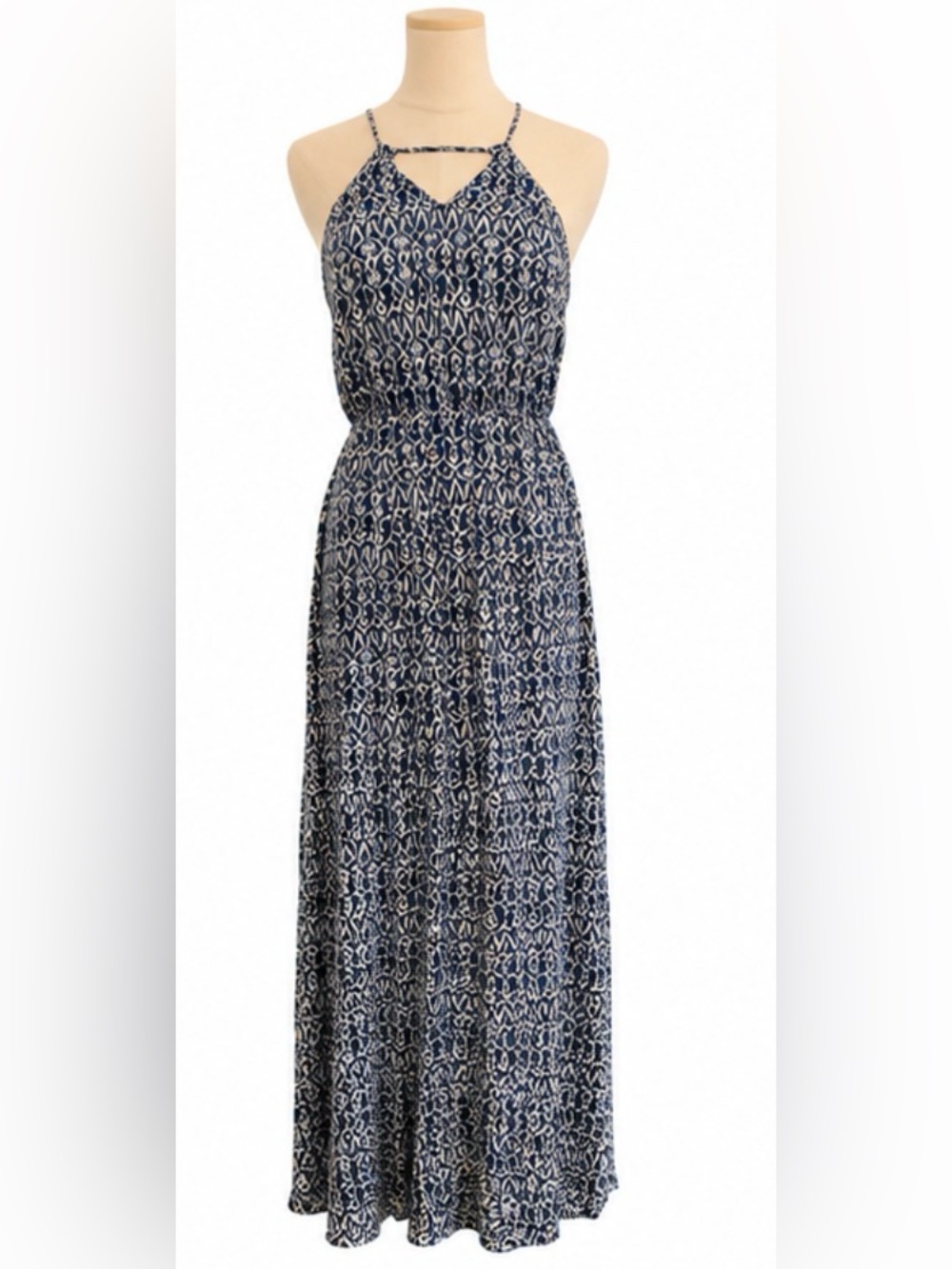 En Creme Blue & White Abstract Print Halter Maxi Dress Size M
